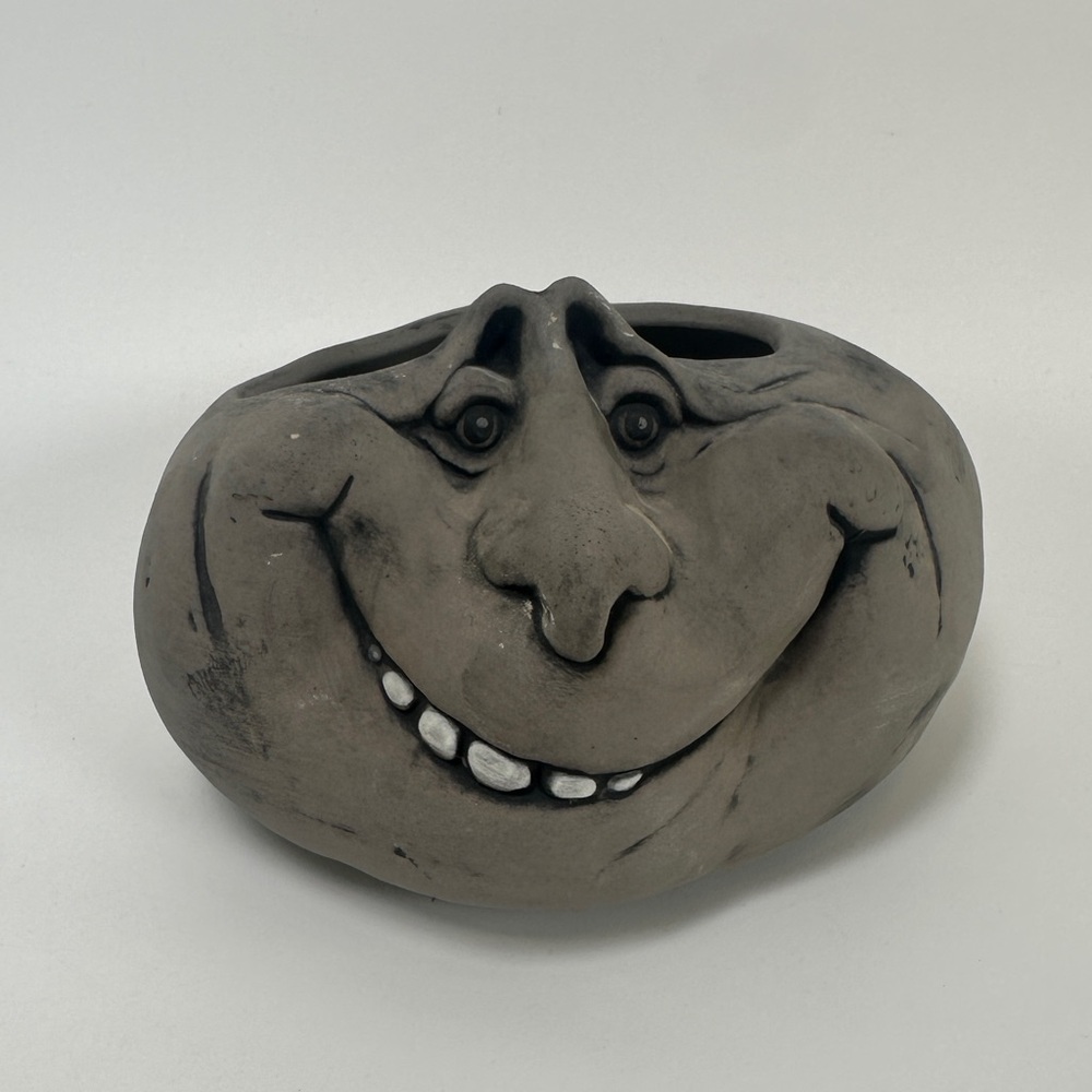 VTG Pet Rock Planter Goofy Silly Face Hand Painted Signed Unique HTF